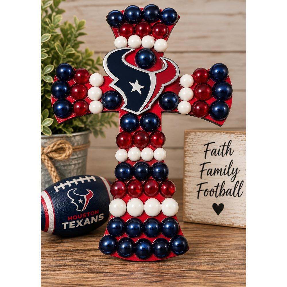 Houston Texans Handmaid Football Beaded Cross Wall Decor Red White Blue 10.5"